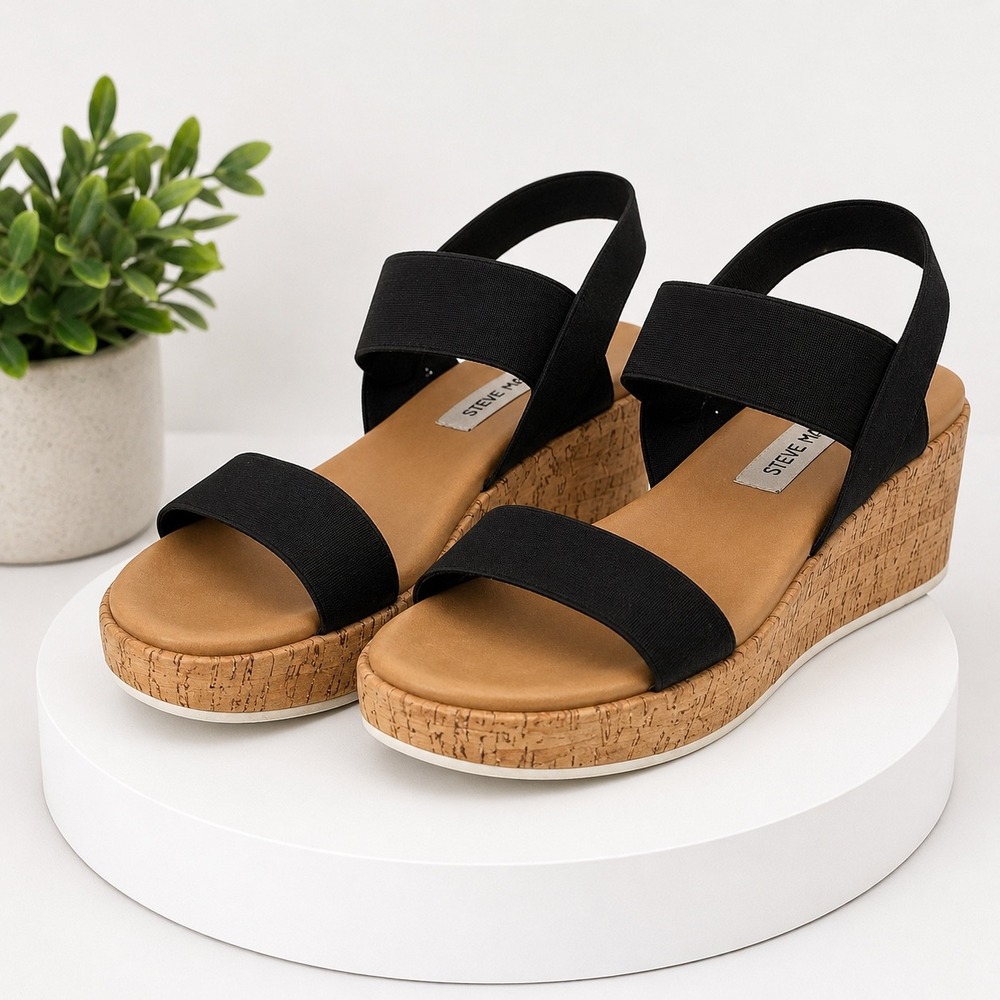 Steve Madden Womens‎ Black Elastic Strap Cork Platform Sandals Size 9.5 Comfort